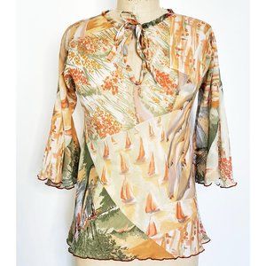 Doll Rags Womens Vintage 1970s Bell Sleeve Boho Hippie Top Blouse Shirt Kimono
